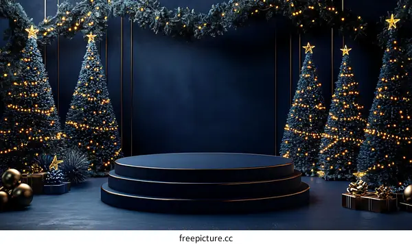 Christmas Scene with Dark Blue Podium and Christmas Trees