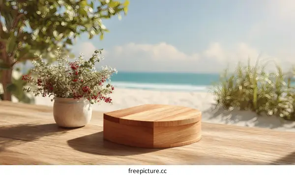 Wooden Display Stand on Beach Scene Illustration