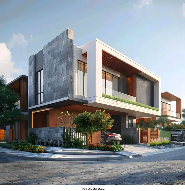 Modern Luxury Villa Exterior Design with Stone and Wood Accents