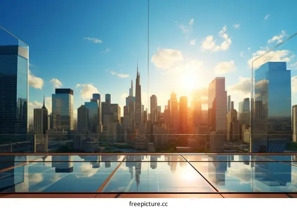 Modern city with skyscrapers and glass buildings at sunset