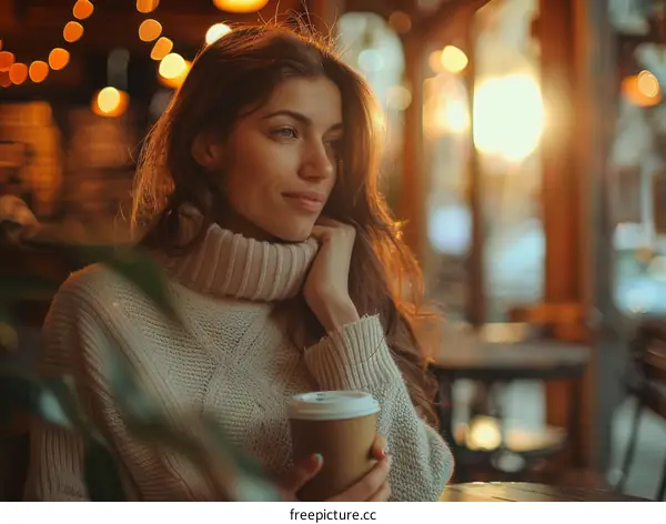 Young woman sitting in a cafe and holding a cup of coffee