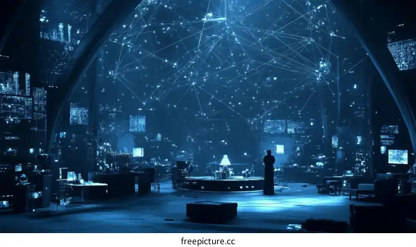 Futuristic Networked Control Center with Silhouette Figure