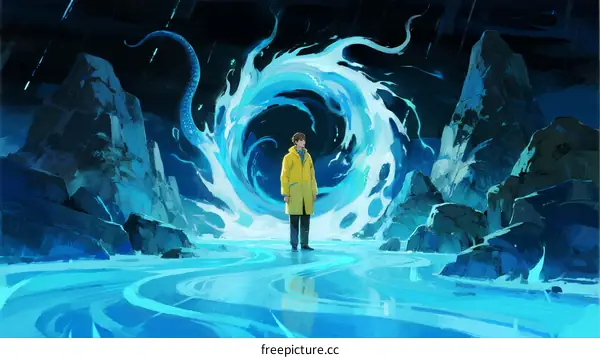 A Person Standing Before a Glowing Blue Portal in a Mysterious Cave