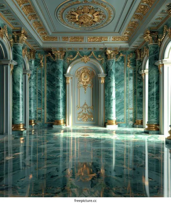 ornate green marble hall with gold accents