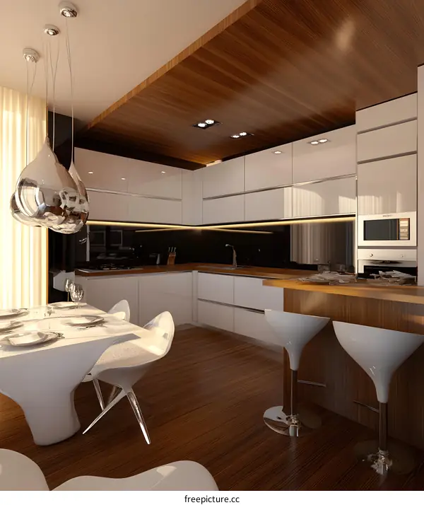 Modern Kitchen Interior Design with White Cabinets and Wooden Ceiling