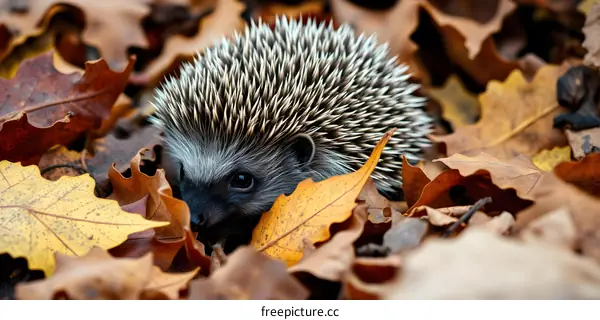 Cute Hedgehog Hiding in Autumn Leaves