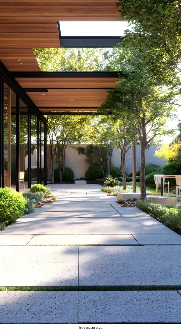 Modern Patio with Skylights and Greenery