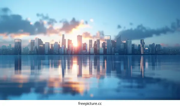 Sunrise over a Modern City Skyline Reflected in Water