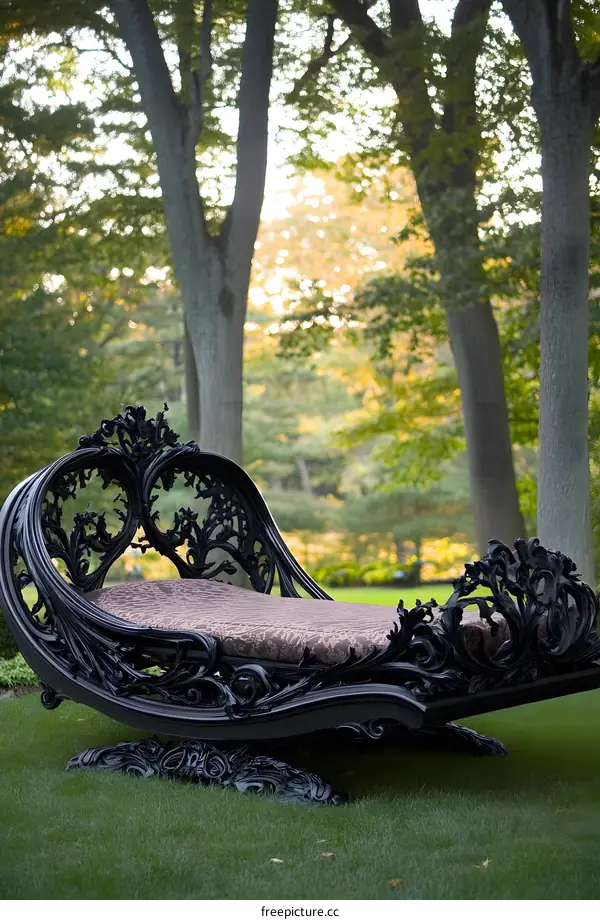 Black Ornate  Bed Frame in a Garden Setting