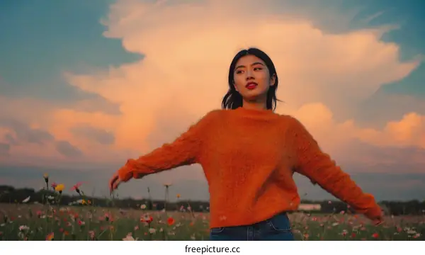Sunset Meadow with a Woman in Orange Sweater