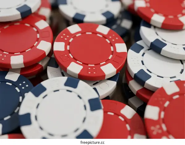 Close-up view of red white and blue poker chips