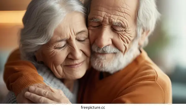 An elderly couple is hugging each other