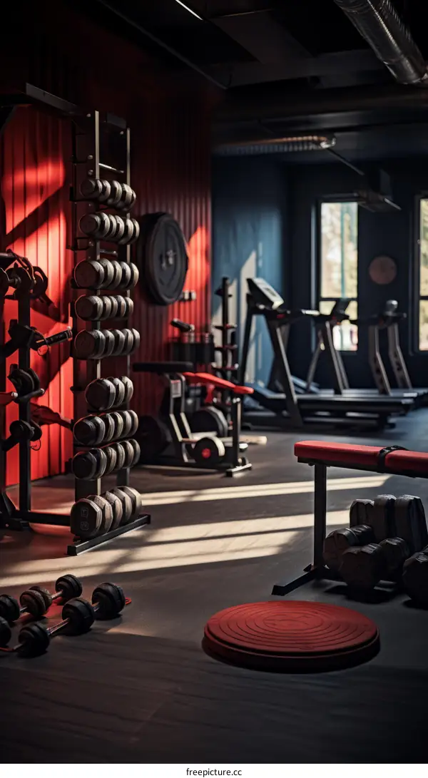 Modern and Minimalist Home Gym with Dumbbell and Treadmill