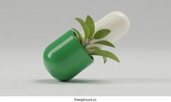 Green and White Pill with Fresh Green Leaves Growing Out