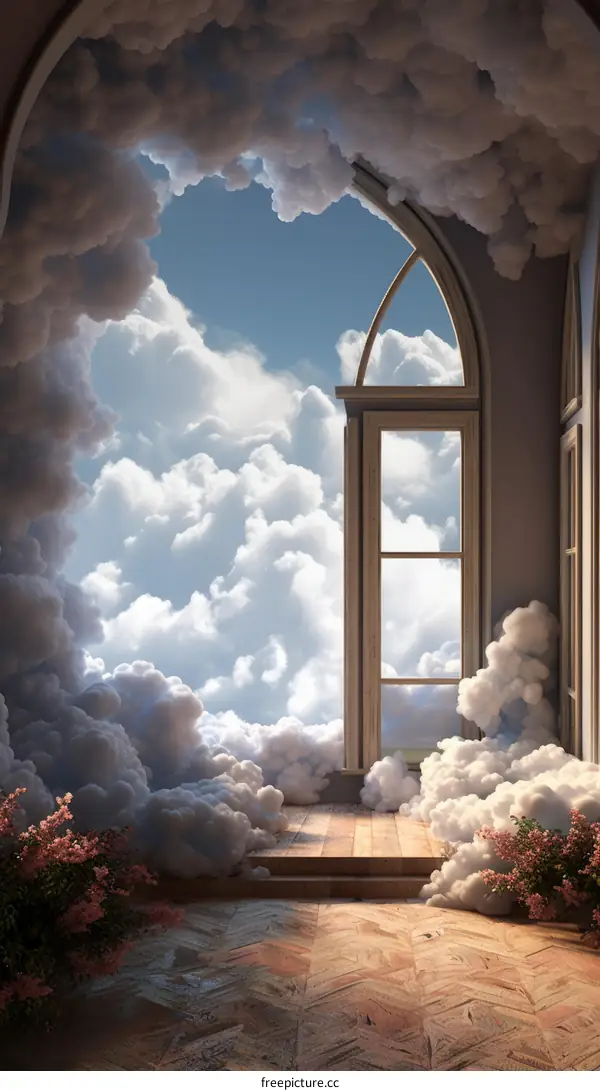 An illustration of a room with a large window looking out onto a cloudy sky