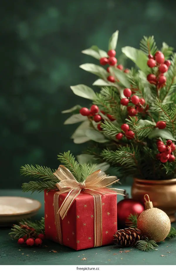 Christmas Gift Arrangement on Dark Green Background