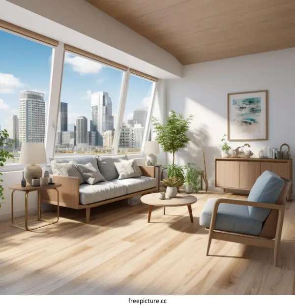 Airy living room with large windows and a beautiful city view
