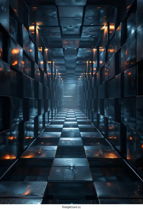 Futuristic Sci-Fi Corridor with Glowing Lights and Reflective Walls