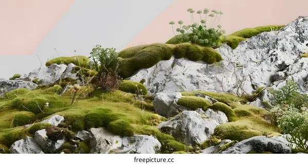 Green Moss Growing On Rocks With Pink And Gray Background