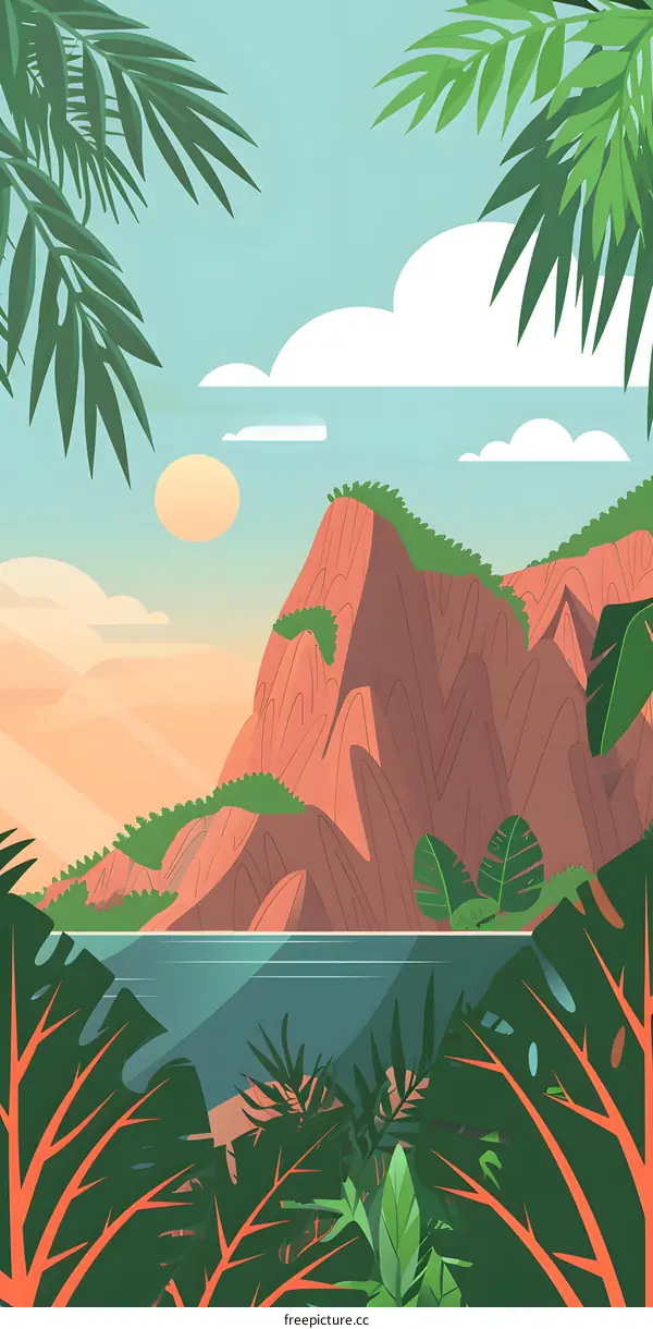 Tropical Landscape Illustration With Mountain and Palm Leaves