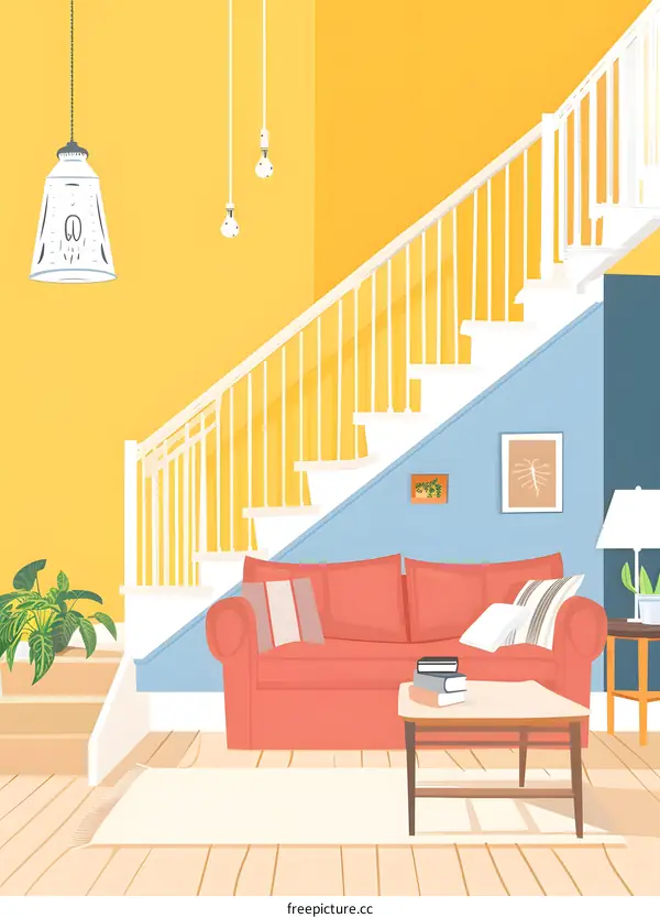 Living Room Interior Design with Stairs and Red Sofa