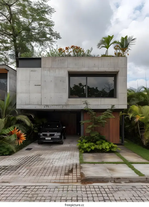 Modern Concrete House with Green Roof and Car in Driveway