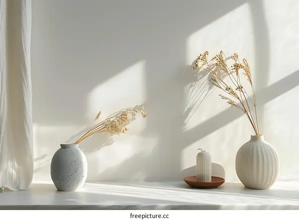 Dried Flowers in White Vases with Sunbeams on White Wall