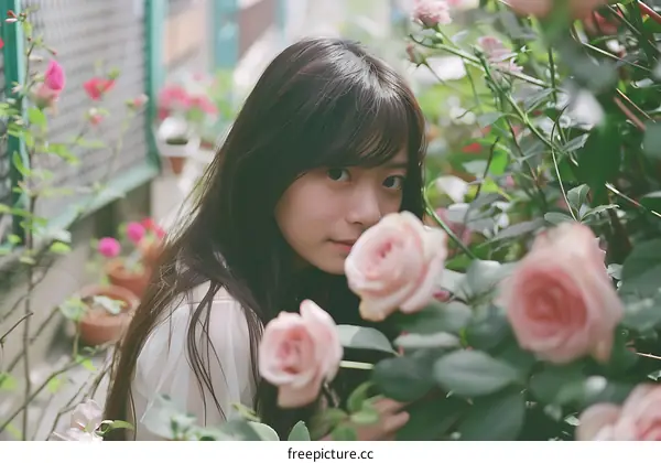 Beautiful Asian Woman Posing in Garden with Pink Roses