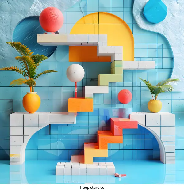Abstract 3D Illustration of Staircase with Colorful Balls and Palm Trees