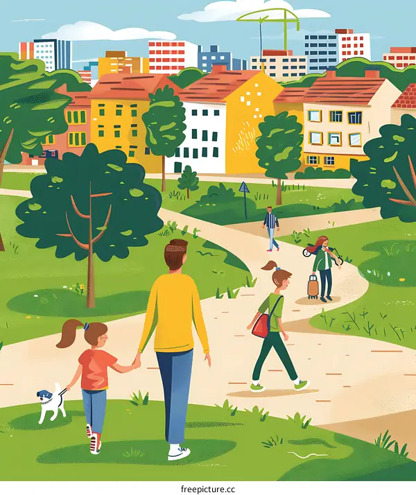 Family Walking Through City Park