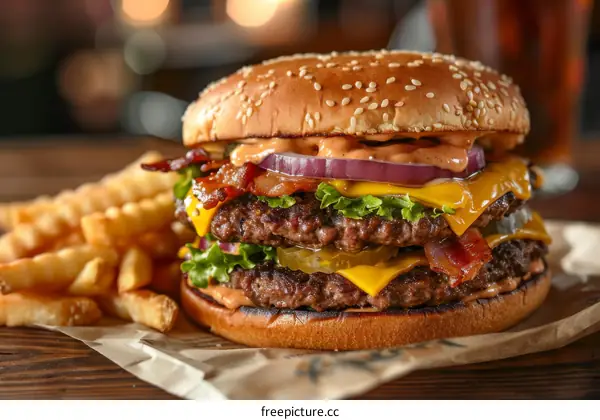 A delicious double cheeseburger with bacon and fries