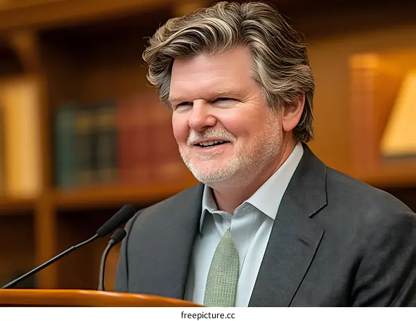 Smiling Man in Suit Speaking at Podium