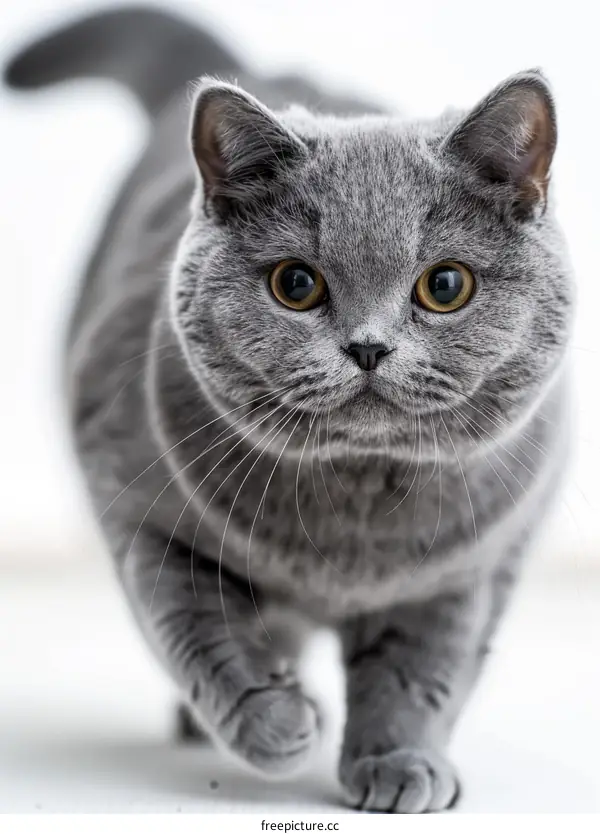 A cute gray British shorthair cat is walking towards the camera