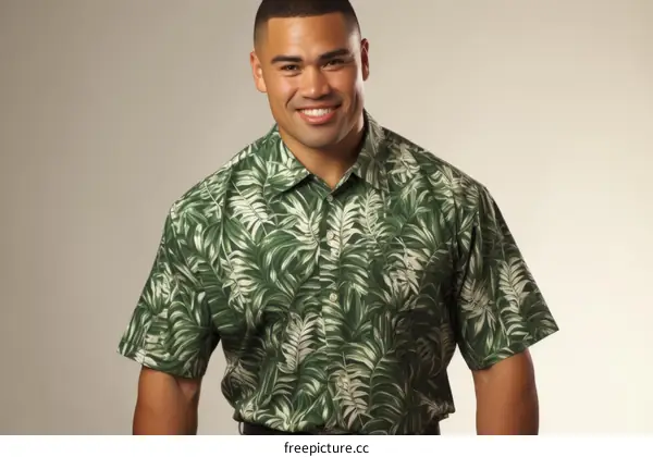Portrait of a smiling man wearing a green shirt with a palm leaf pattern