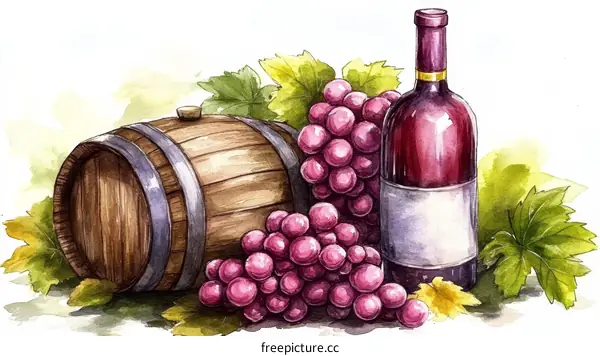 Watercolor Illustration of Wine Barrel and Grapes