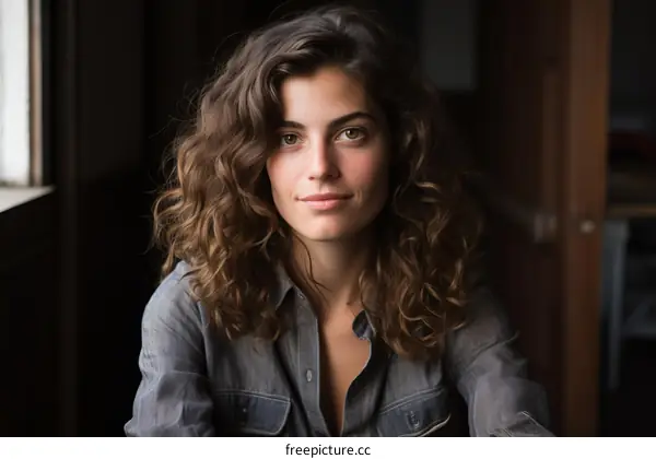 Portrait of a young woman with long brown hair and brown eyes