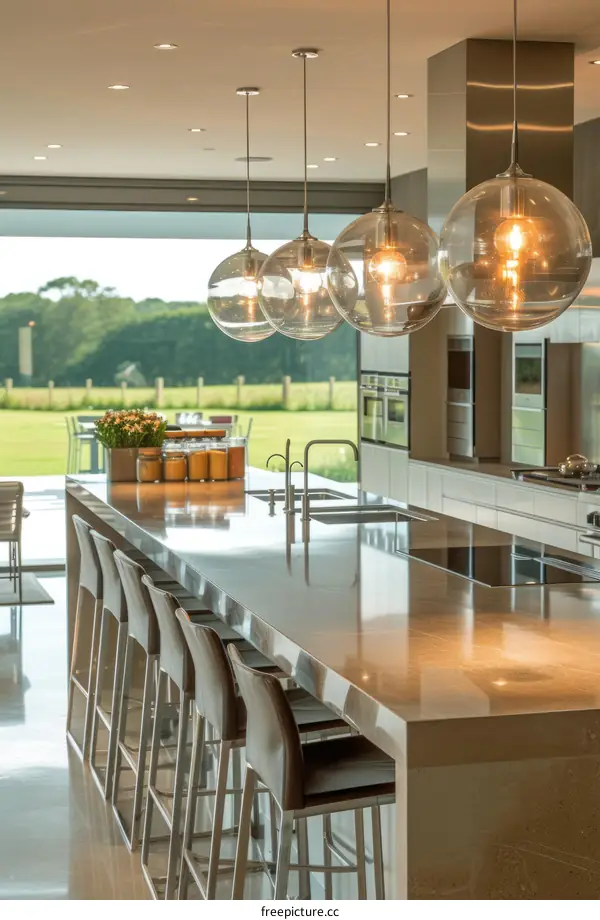 Pendant lights above kitchen island in modern home with large glass windows