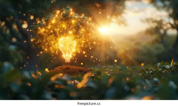 Light bulb tree growing in a forest with sunlight in the background