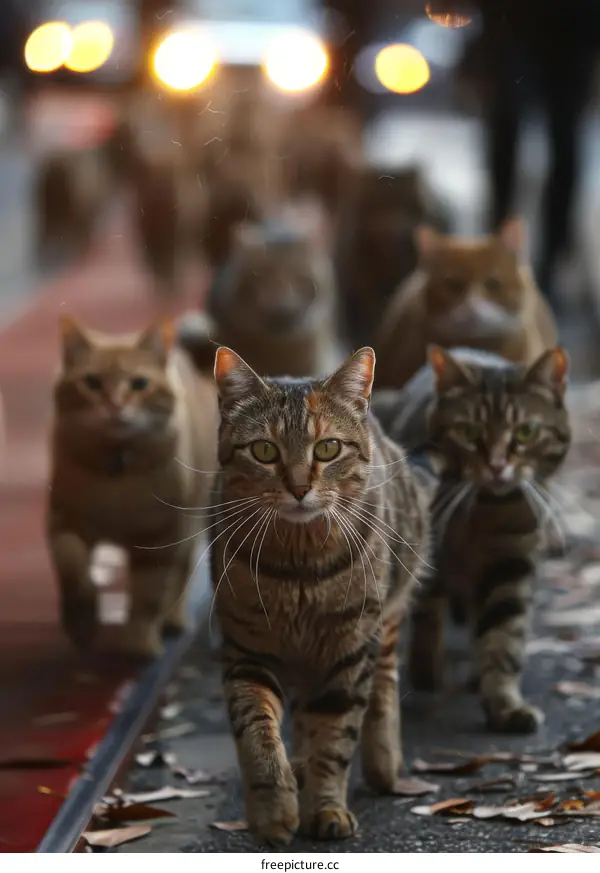 A Group of Cats Walking Through an Urban Street