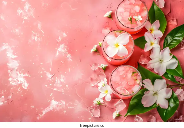 Pink Tropical Drinks With Ice Cubes and Flowers