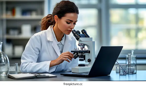 Female Scientist Working with Microscope in Laboratory