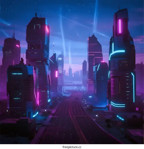 Futuristic Cityscape with Neon Lights and Tall Buildings