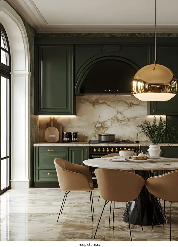 Modern Kitchen Interior Design with Green Cabinets and Marble Backsplash