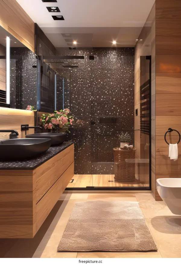 Modern bathroom interior with wood and stone finishes