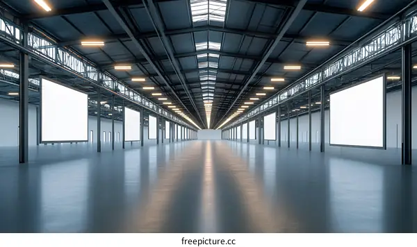 Empty Warehouse Interior with Blank Billboard
