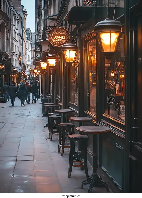 Narrow Street with Illuminated Lanterns and Stools at a Cafe in Europe