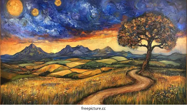 A Colorful Landscape Painting of a Winding Road and a Majestic Tree