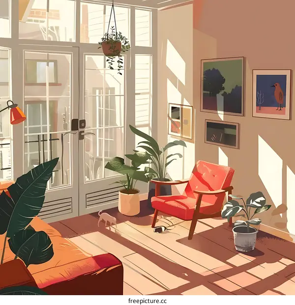 Sunlight Streaming into a Cozy Living Room with Plants and a Red Chair