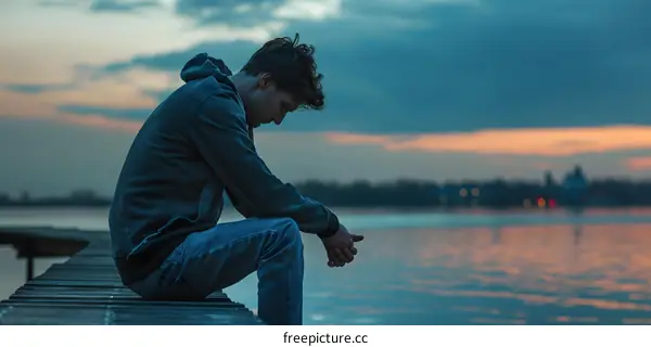 A depressed man sits on a dock at sunset