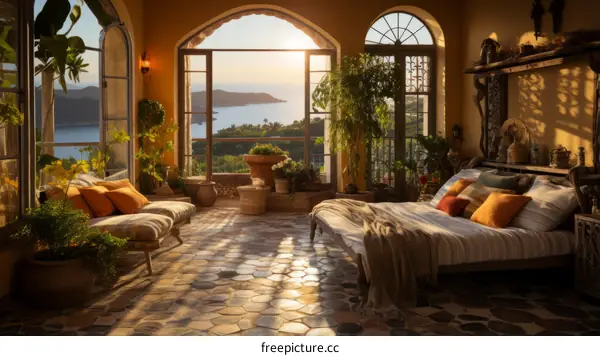 A beautiful Mediterranean style house with a stunning view of the sea